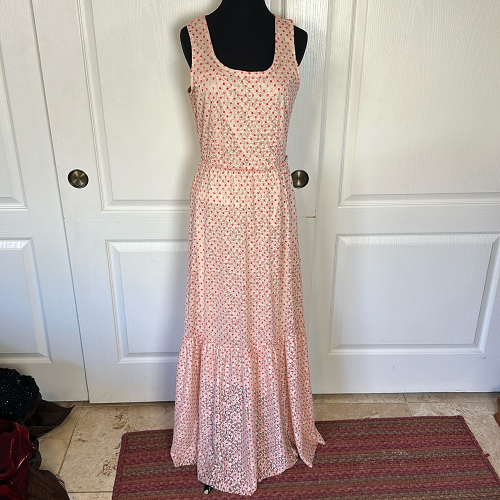 MAISON JULES CREAM LACE HOT PINK POLKA DOT TIERED MAXI TANK DRESS